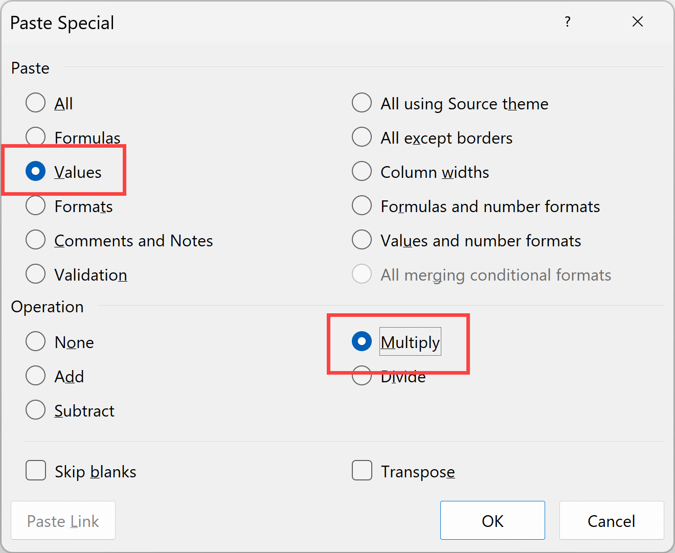 Select the values and multiply option