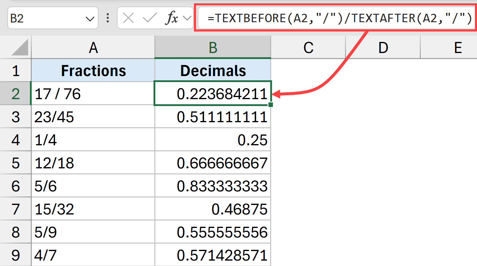 Textbefore and textafter function to convert fractions to decimals