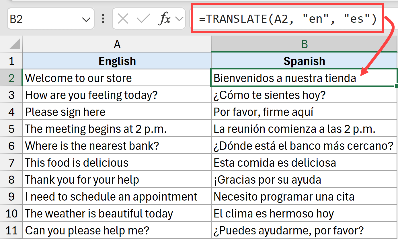 Translate function in Excel for English to Spanish