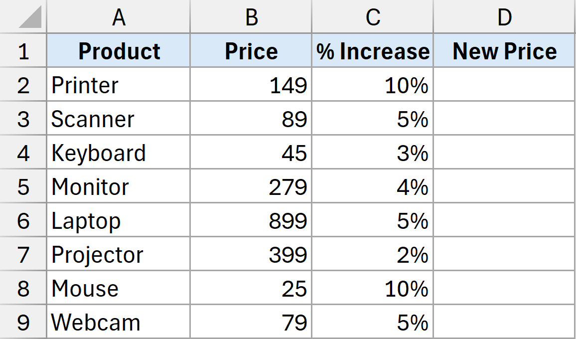 dataset to increase percentage using formula