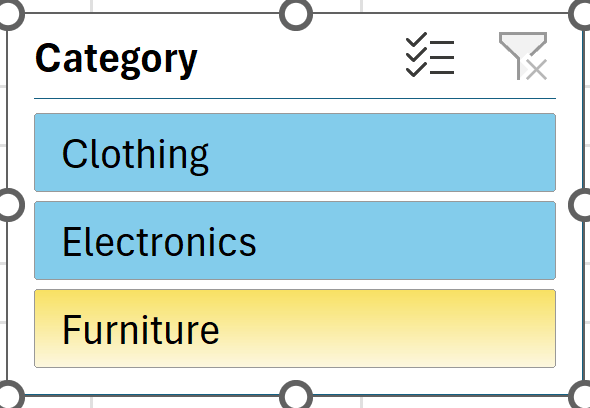 Category slicer inserted in the worksheet