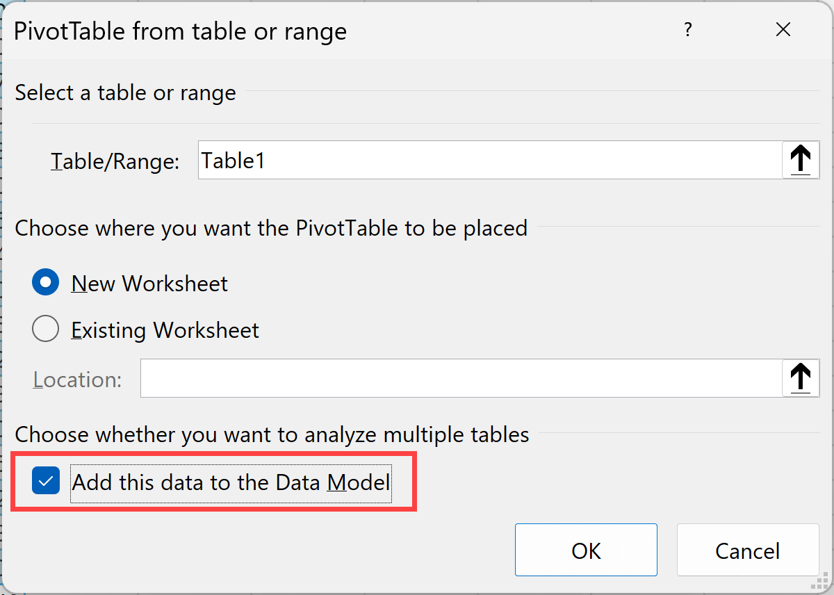 Check the option Add this data to the data model
