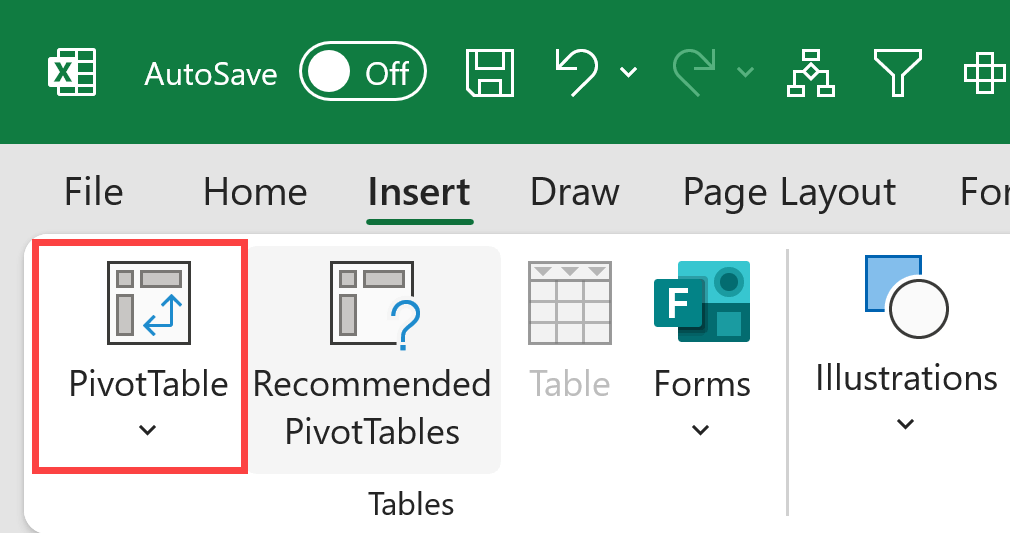 Click on the PivotTable icon