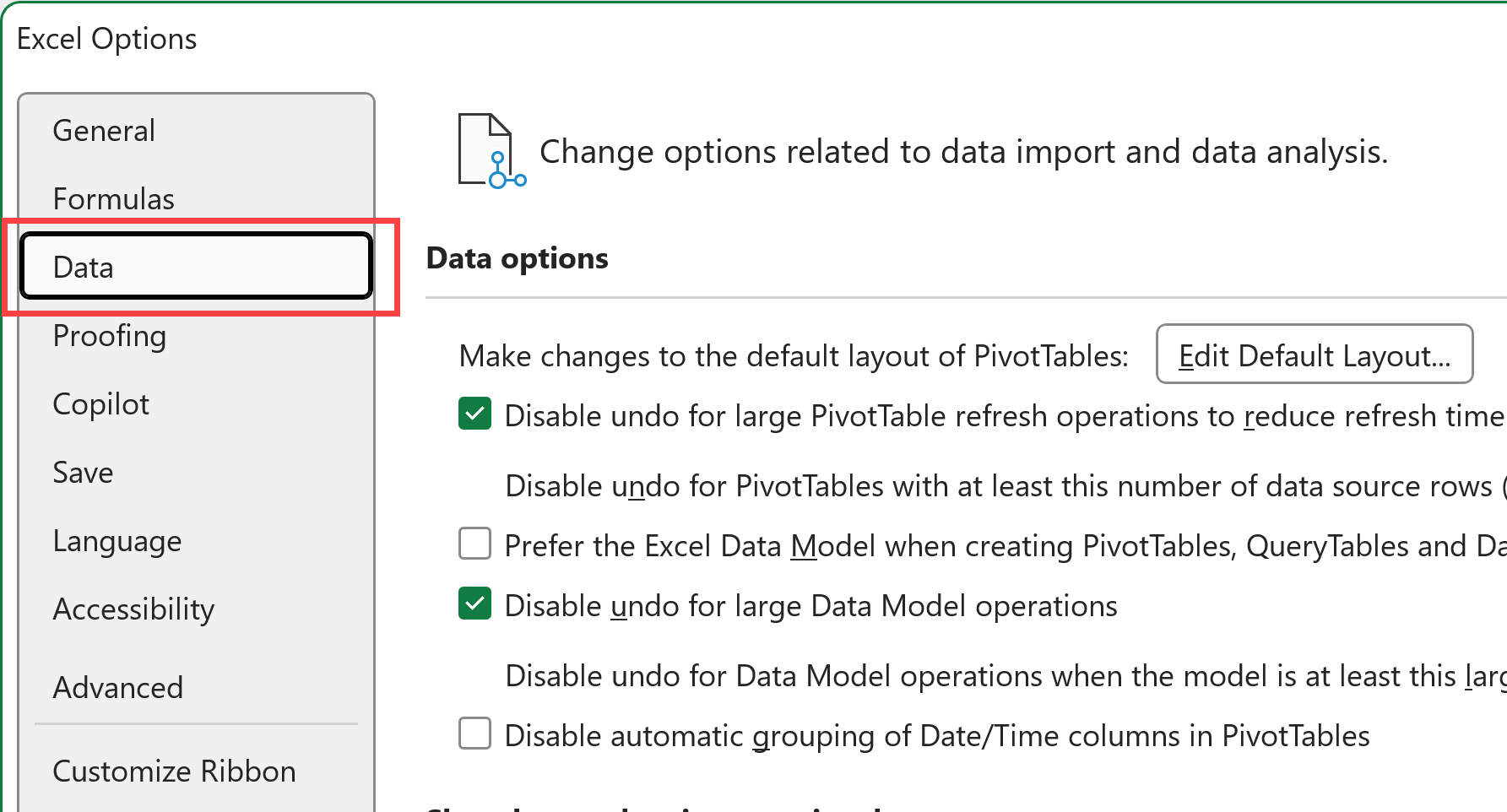 Click on the data option in the Excel options dialog box