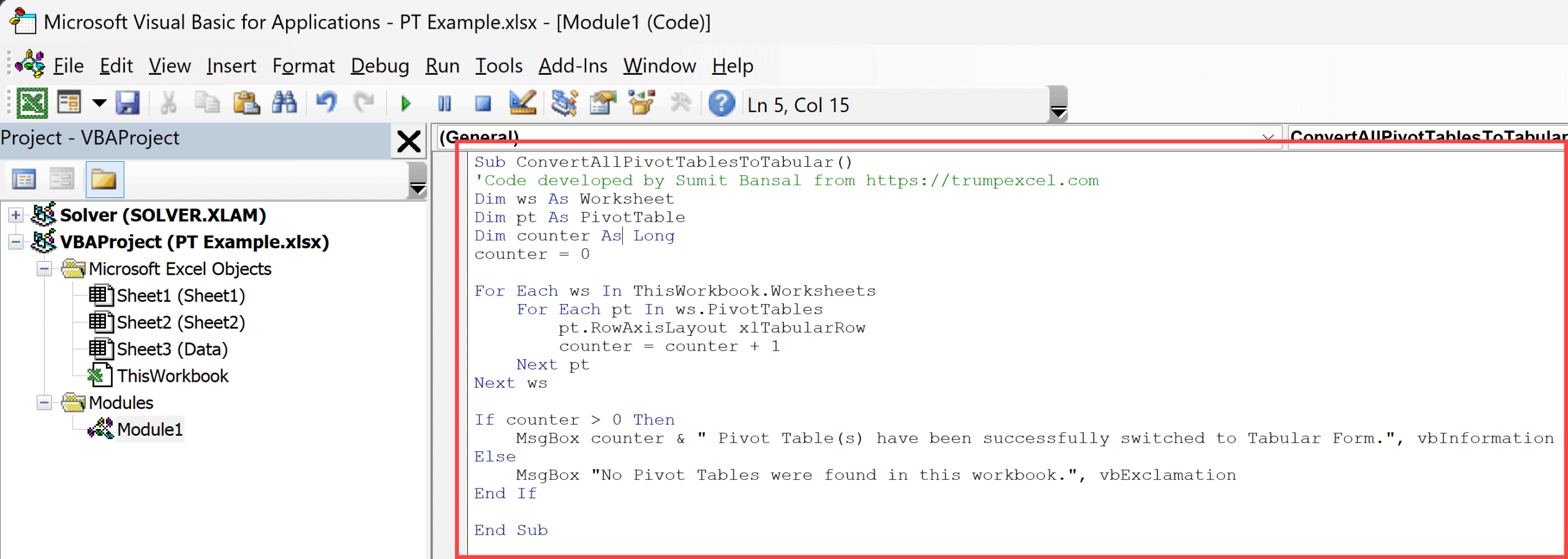 Copy-paste the VBA code into the module