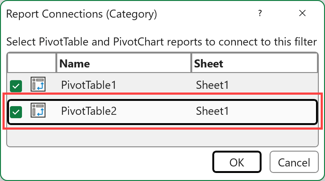 Select the second pivot table to connect the slicers