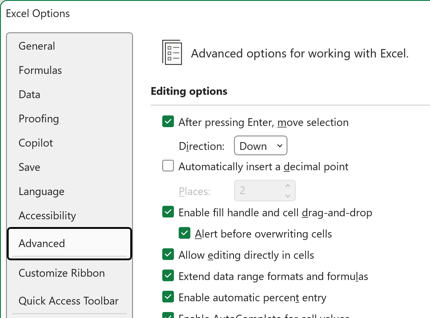 Click on the Advanced tab in the Excel Options dialog box