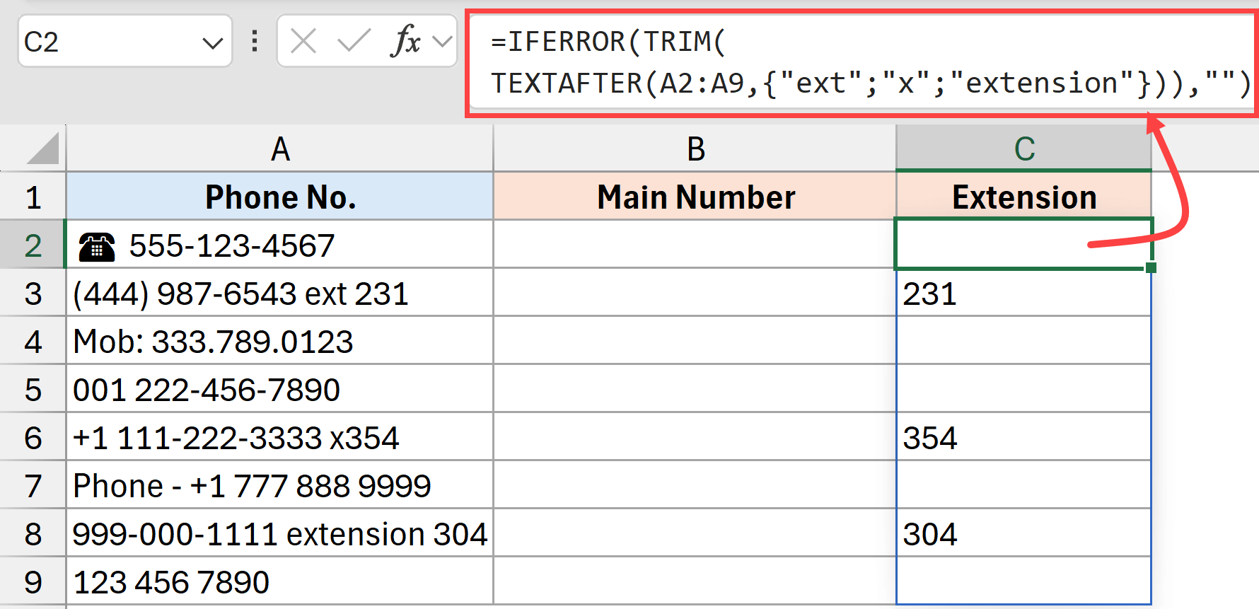 Formula to extract the extension from phone numbers
