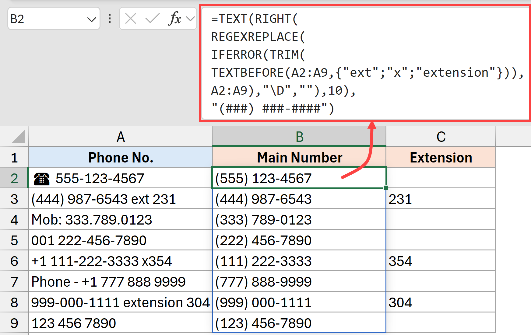 Formula to extract the main phone number