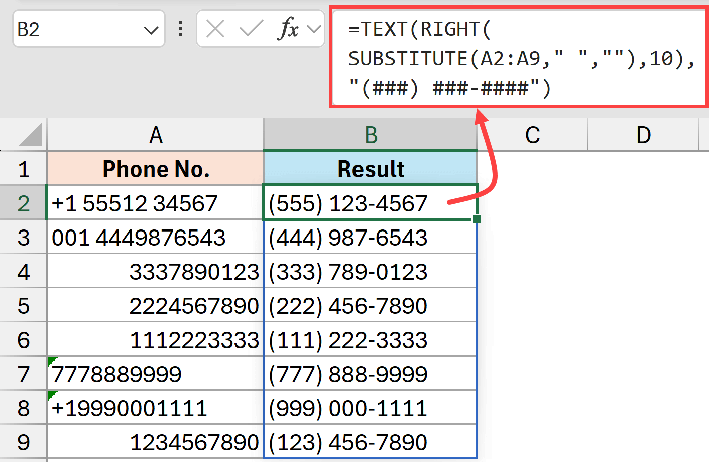Formula to remove spaces and format phone number Excel