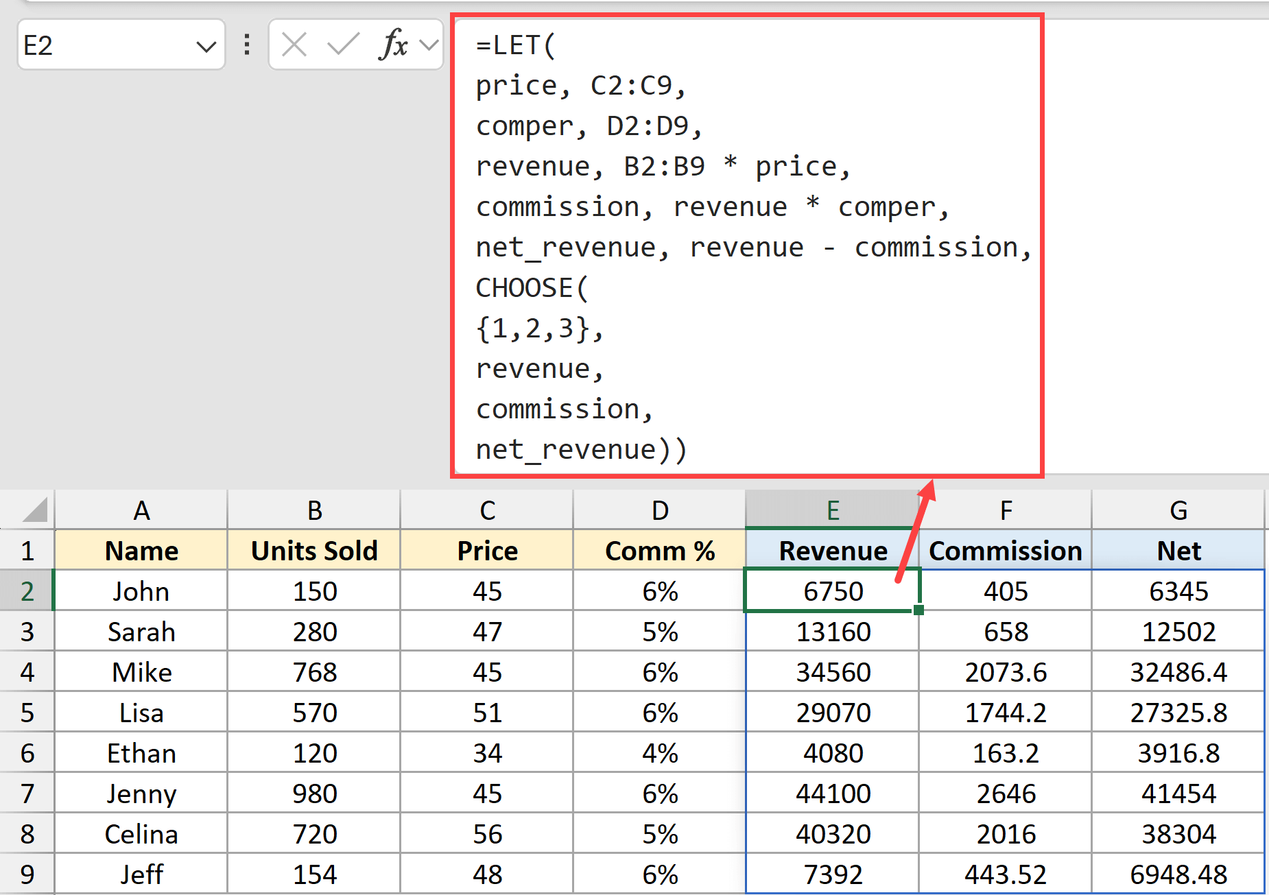 One LET formula multiple column results