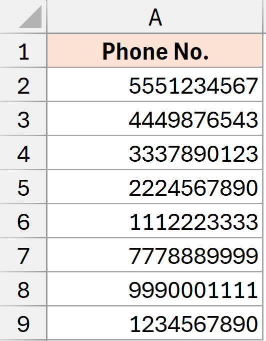 Phone numbers without format excel