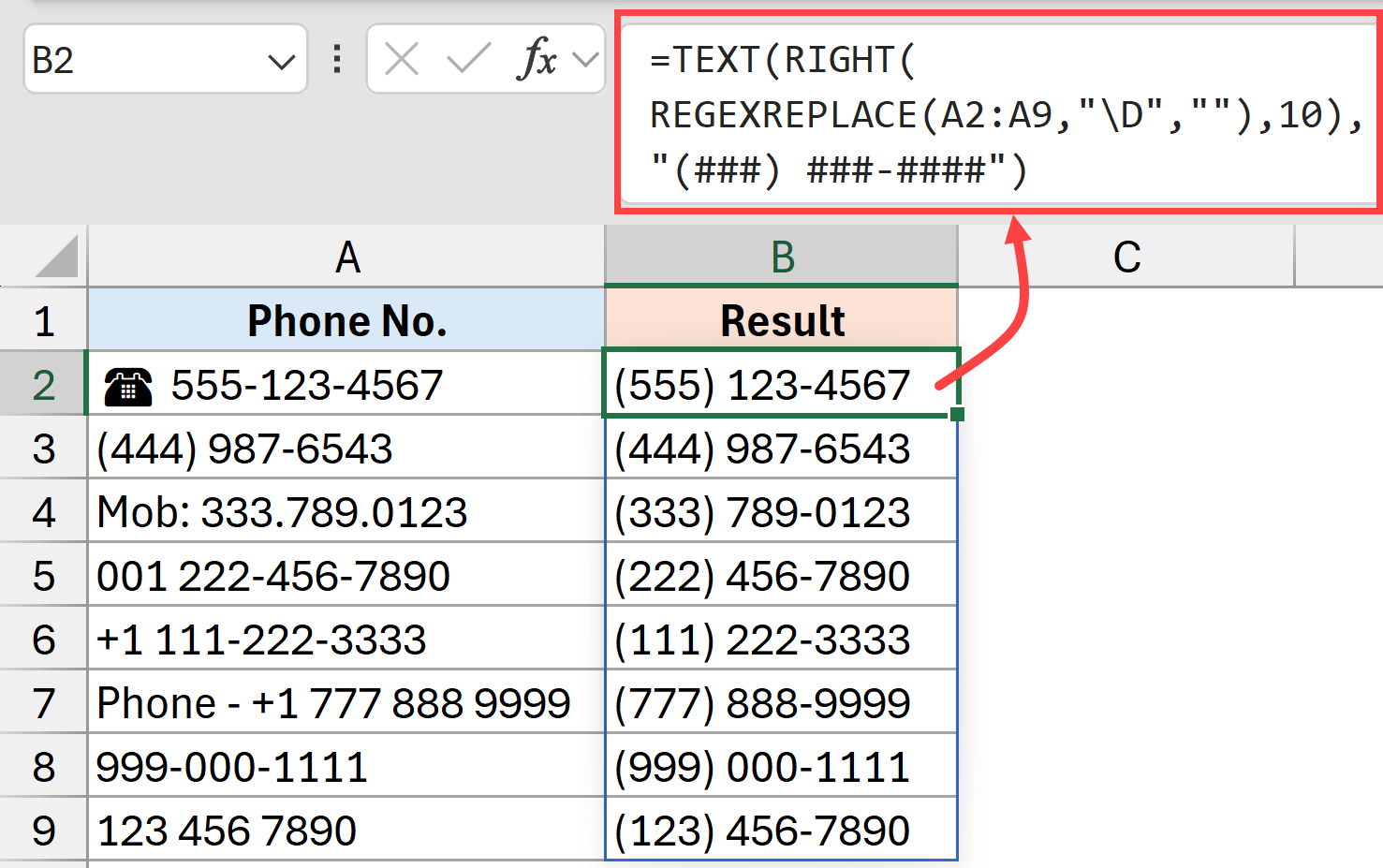 REGEXREPLACE function to clean phone number data