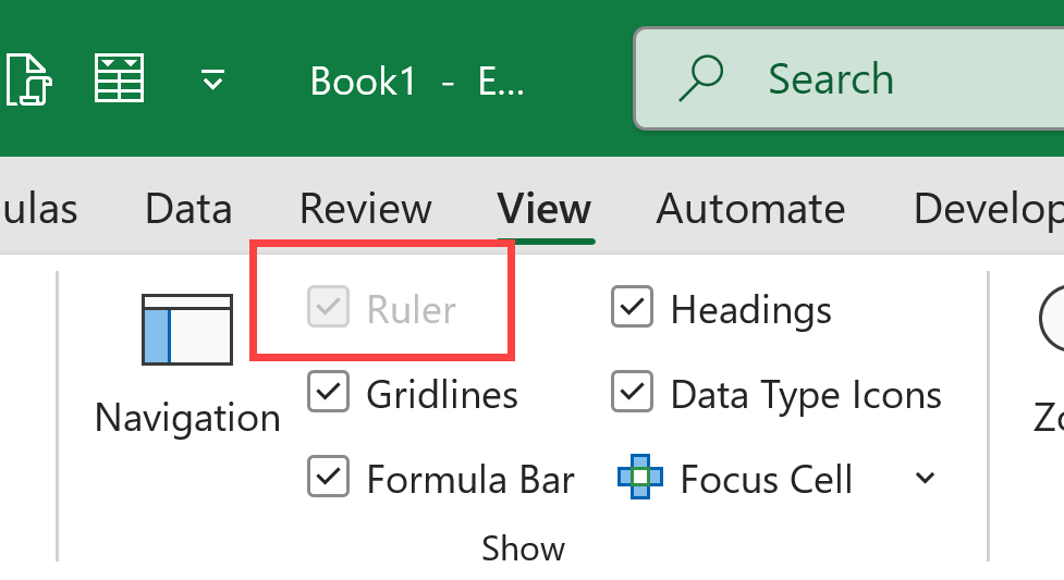 Ruler option is grayed out