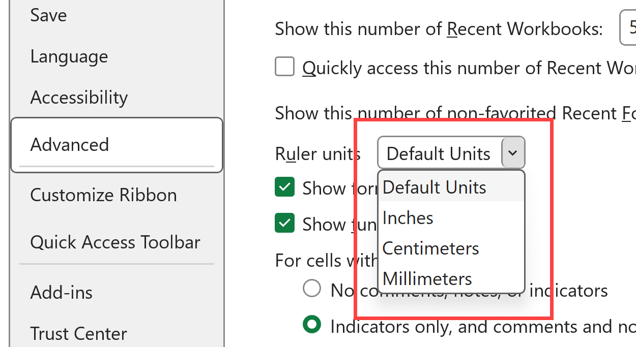 Ruler units drop down