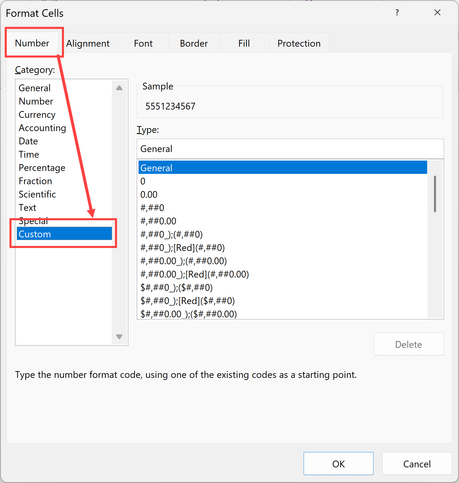 Select the custom option in Format Cells dialog box