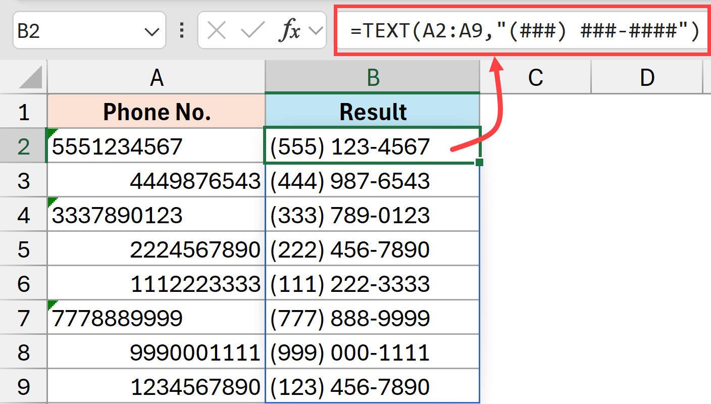 Text function to format numbers without country code