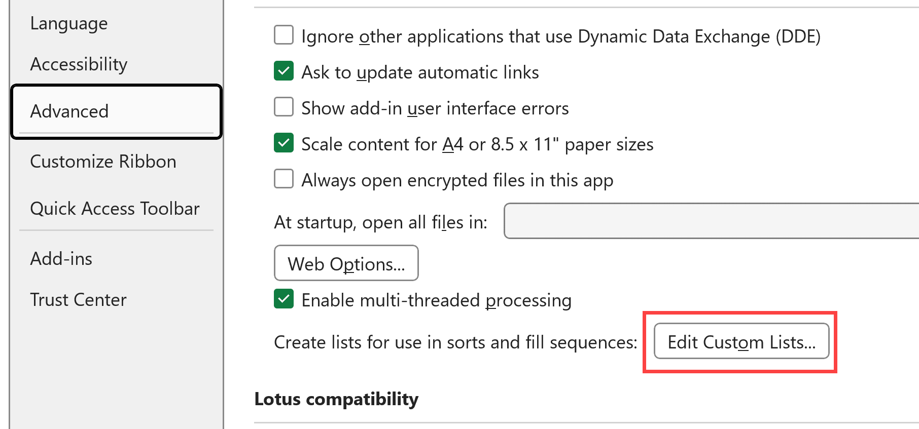 Click on the Edit Custom Lists button
