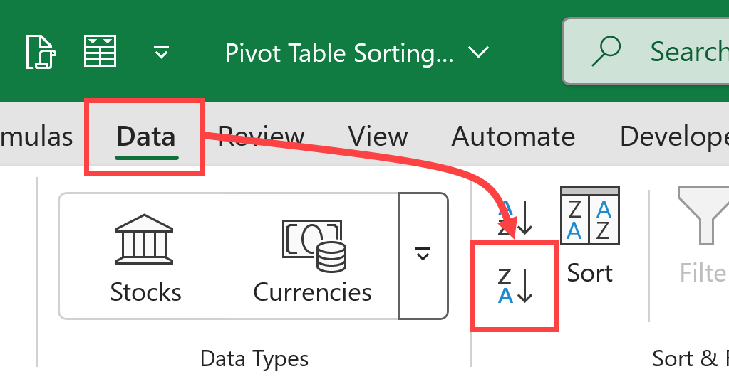 Click on the descending icon in the Data tab