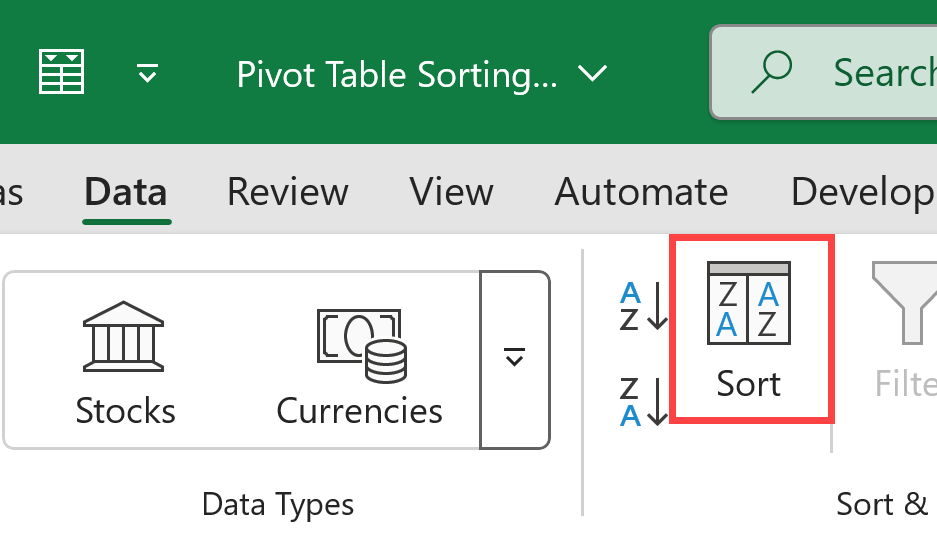 Click on the sort icon