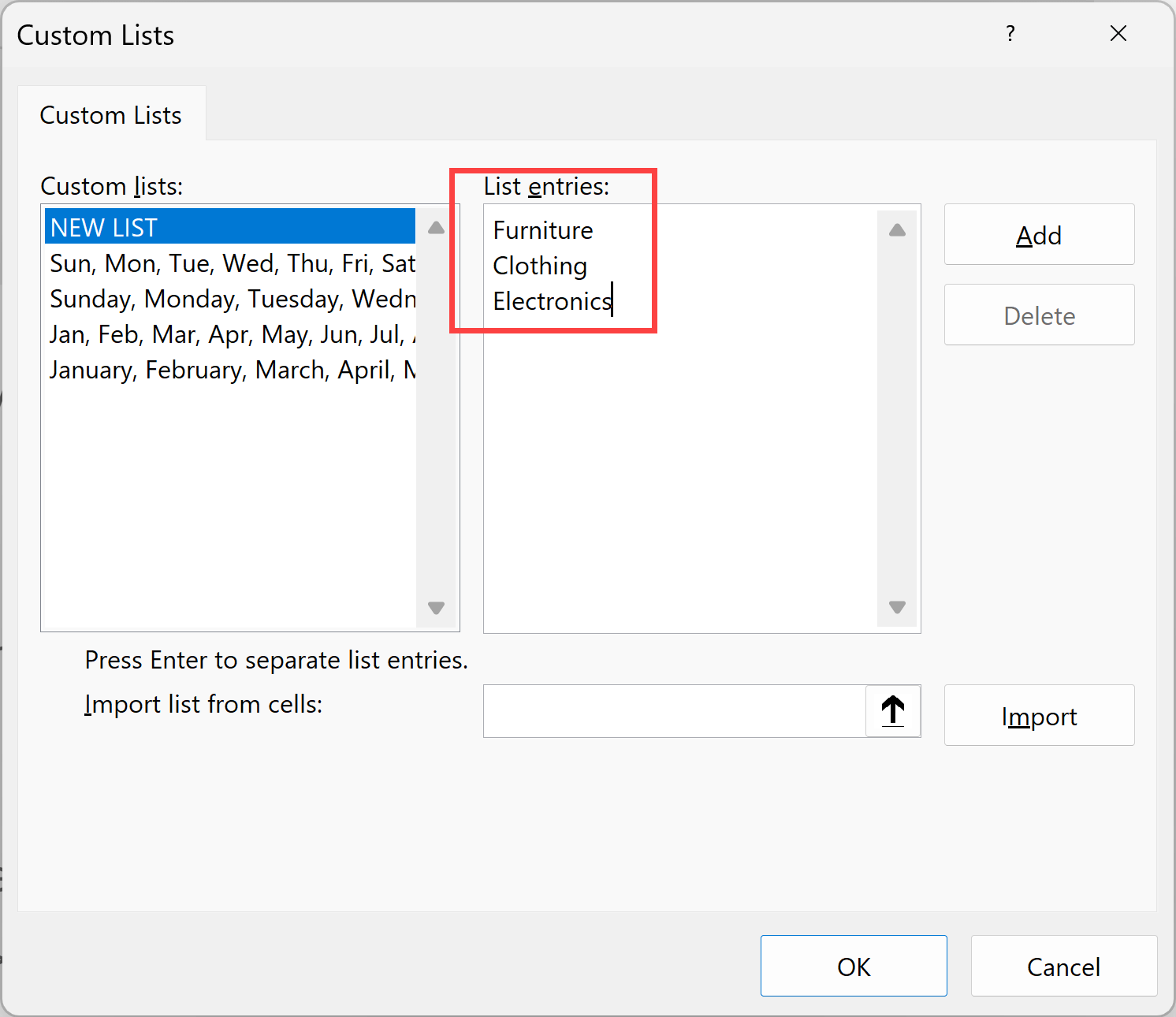 Enter each item on a separate line