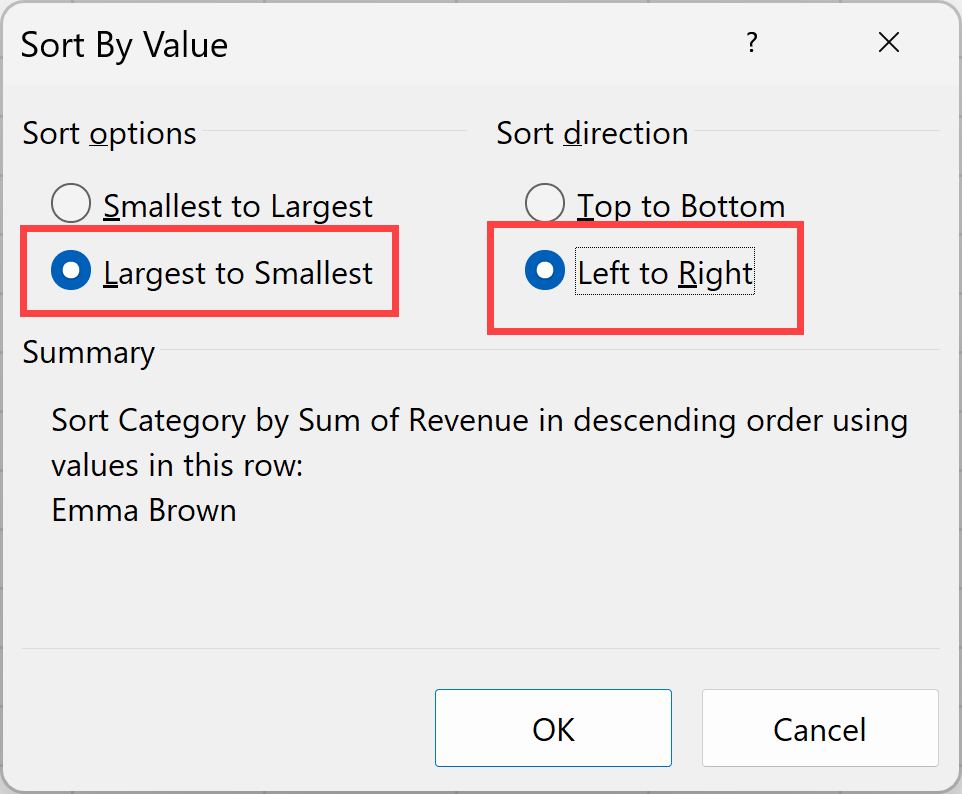 Select Left to Right in the Sort by value dialog box