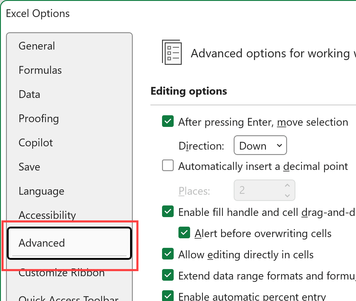 Select the advanced option