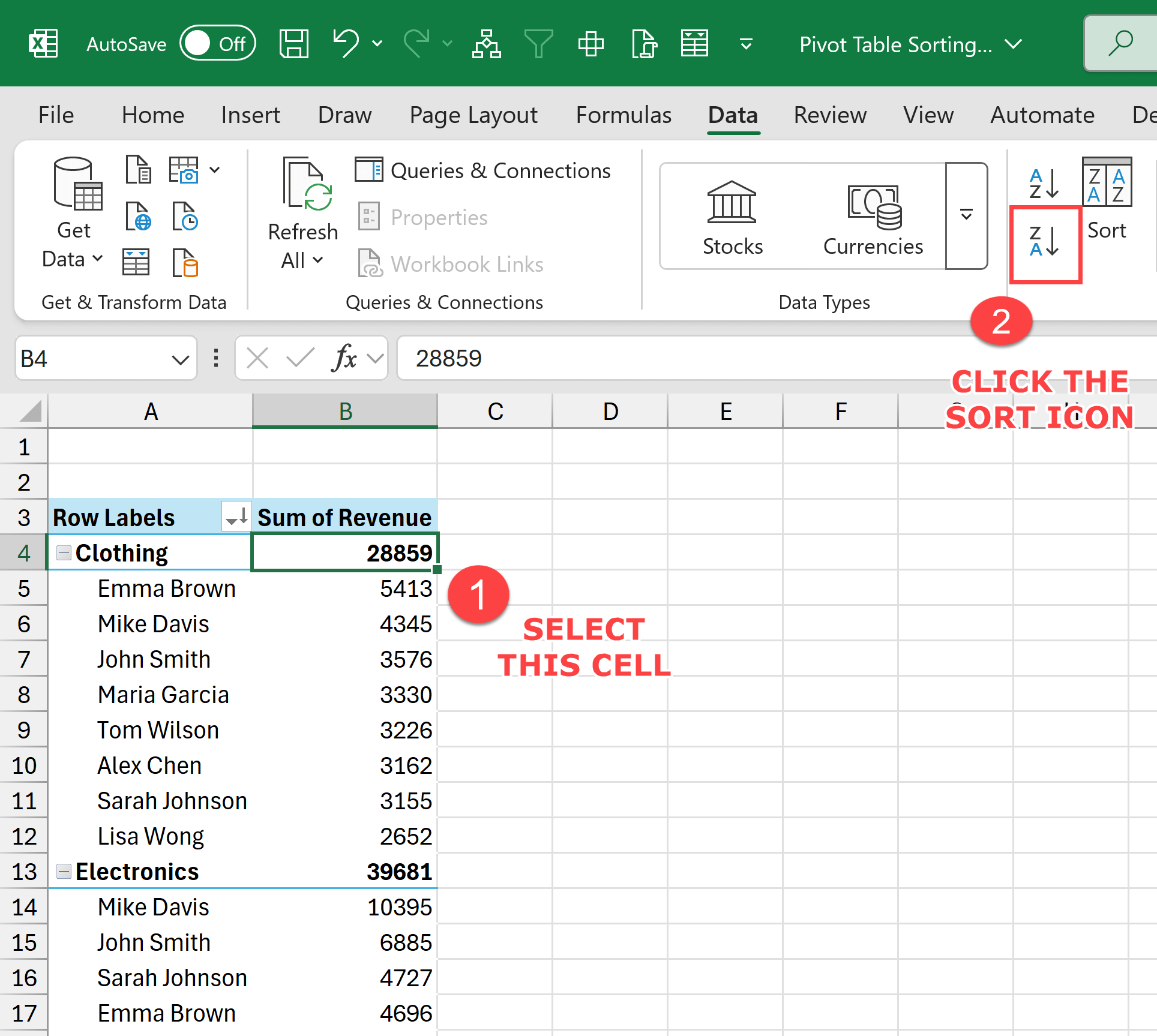 Select the outer field cell and then click on the sort icon.