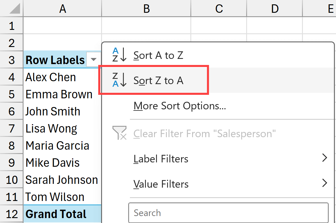 Sort Z to A in Excel pivot table