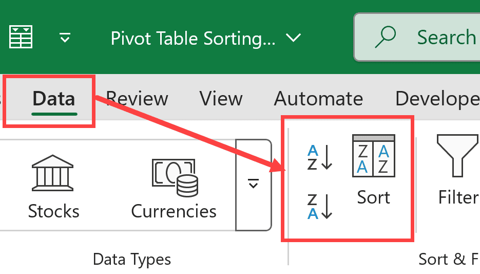 Sort icons in the data tab