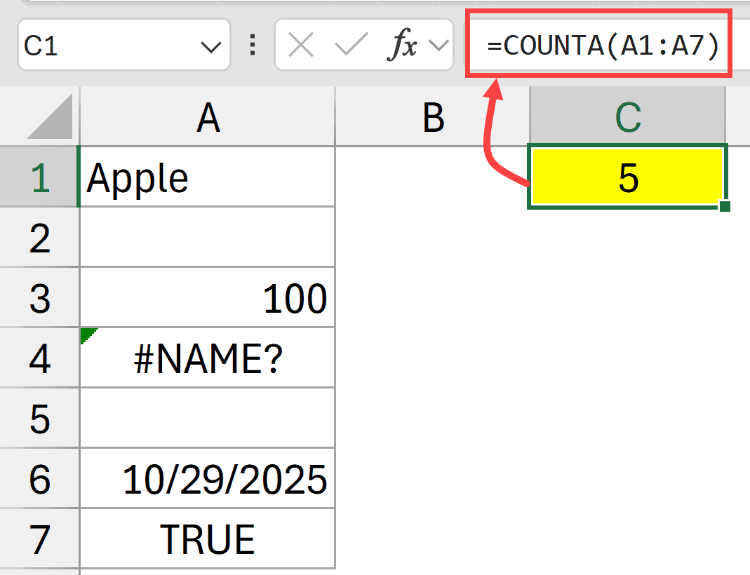 COUNTA function to count cells with mixed data