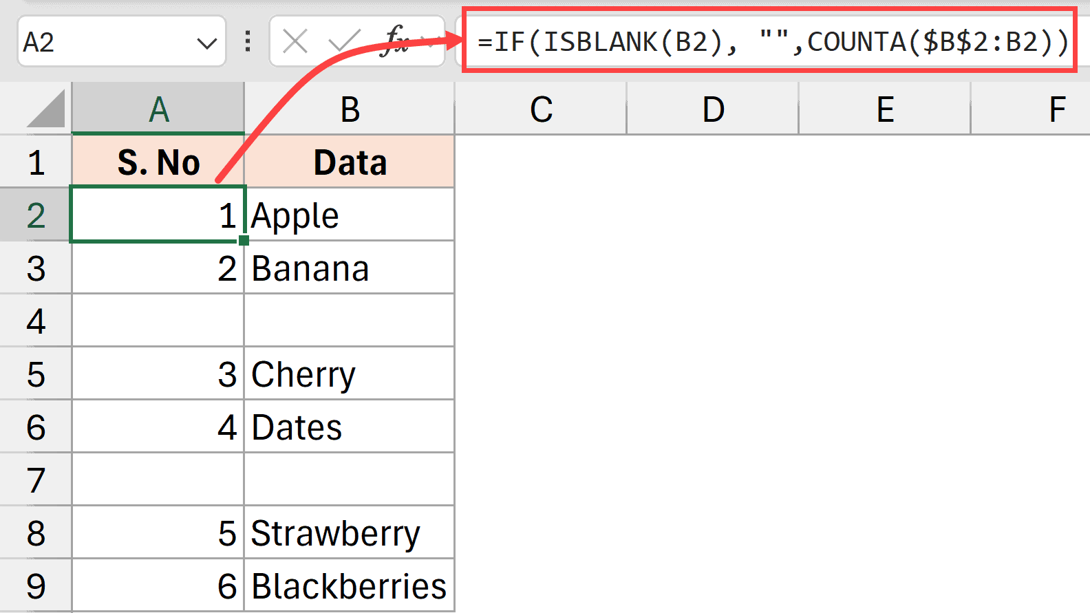 CountA formula to number filled rows in Excel
