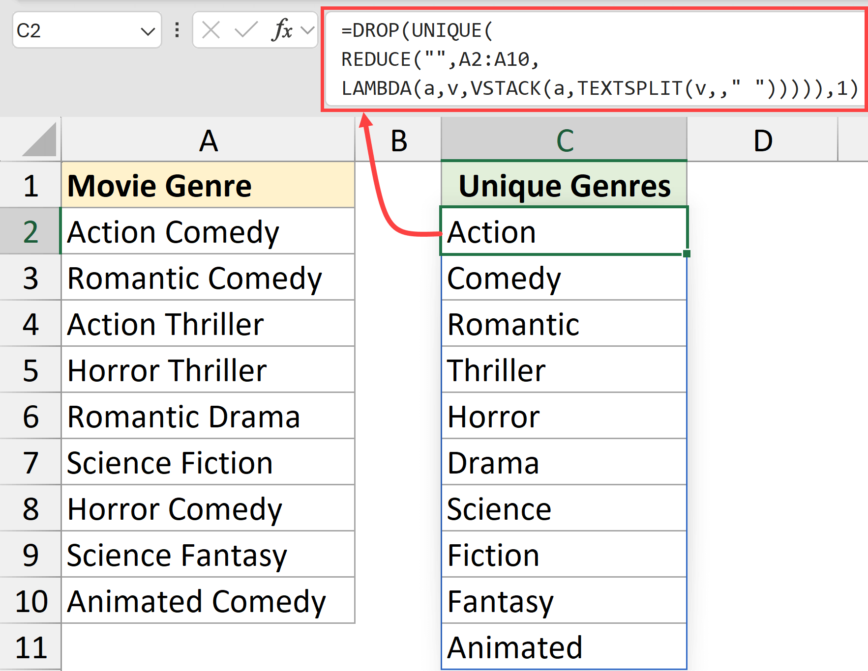 Reduce formula to get unique words in a range