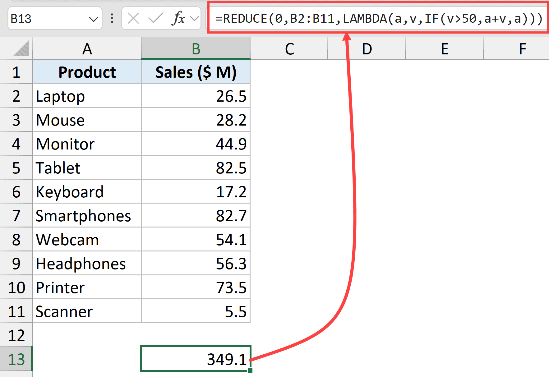 Reduce function calculate conditional sum in Excel