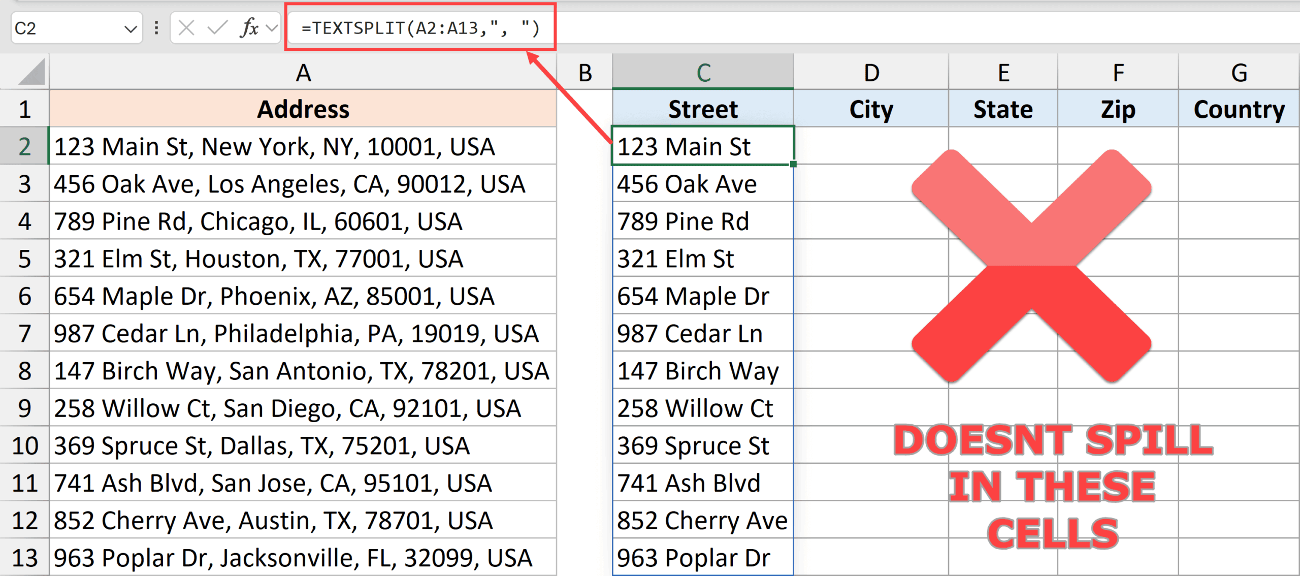 TEXTSPLIT doesn't spill in both direction