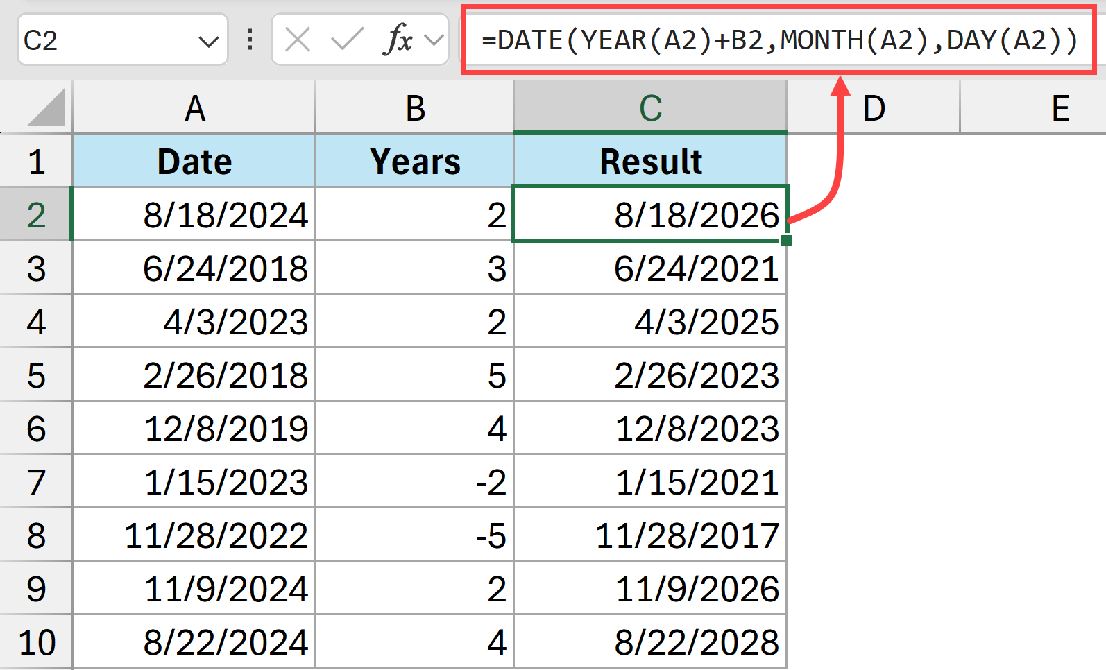 DATE formula to add years to date in Excel