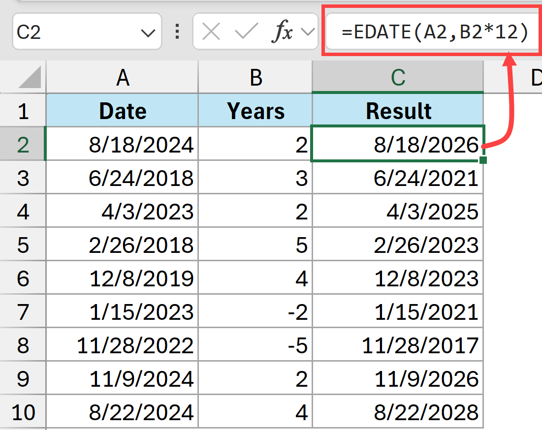 EDATE formula to add years to date