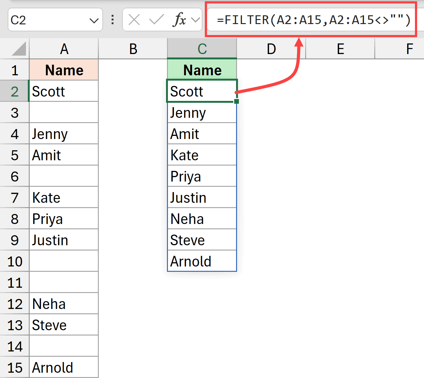 Formula to remove blank cells from a column