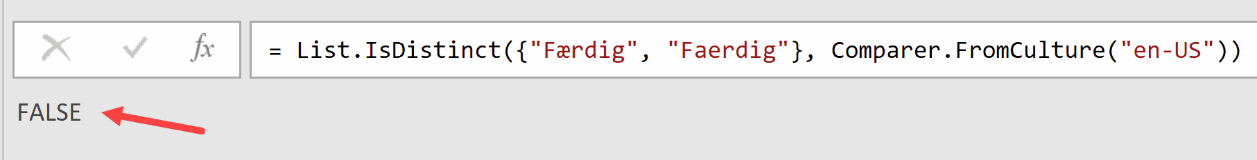 List IsDistinct with comparer from culture function FALSE