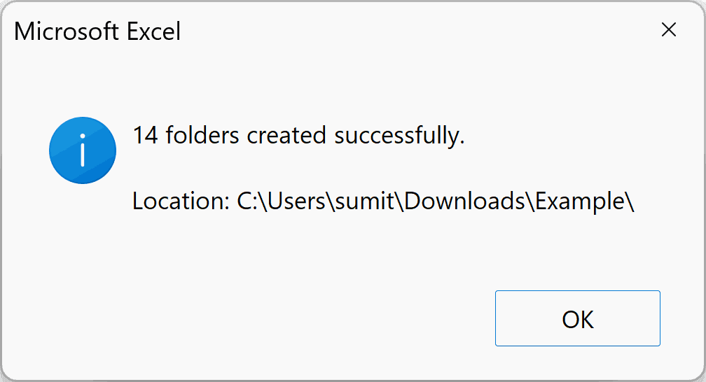 Message box after folders and subfolders are created from an Excel list