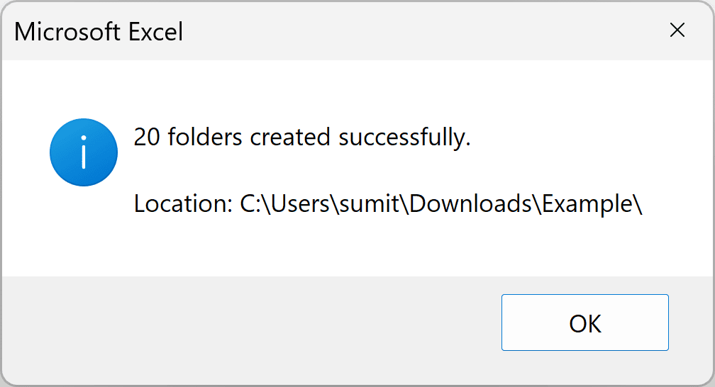 Message box displayed after folders are created from Excel list