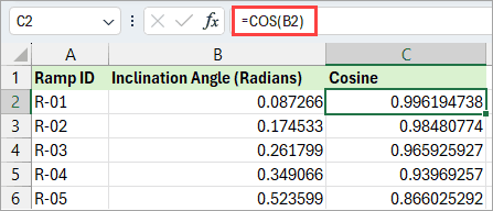 The COS formula in Excel.