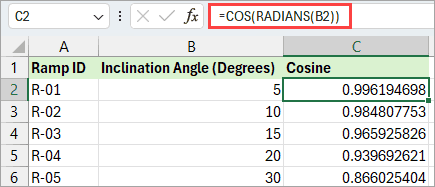 COS function along with the Radians function in Excel.
