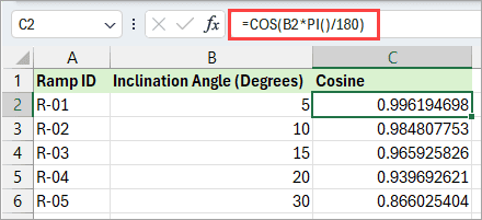 Using COS function with PI function in Excel.