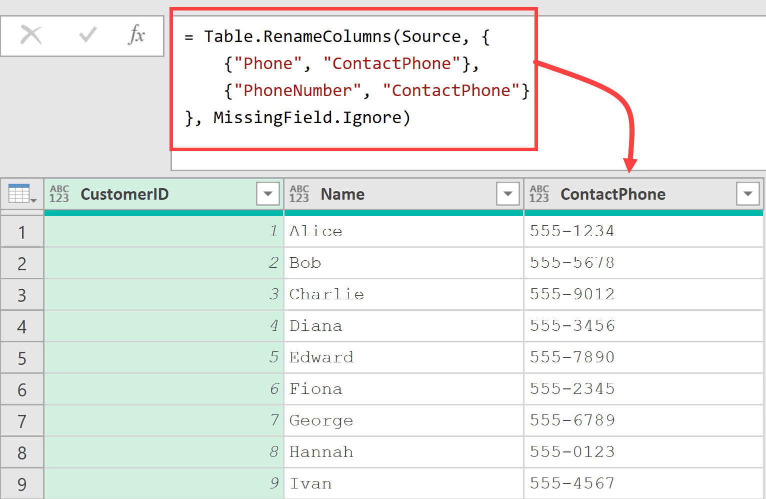 Formula to rename columns and also handle missing columns