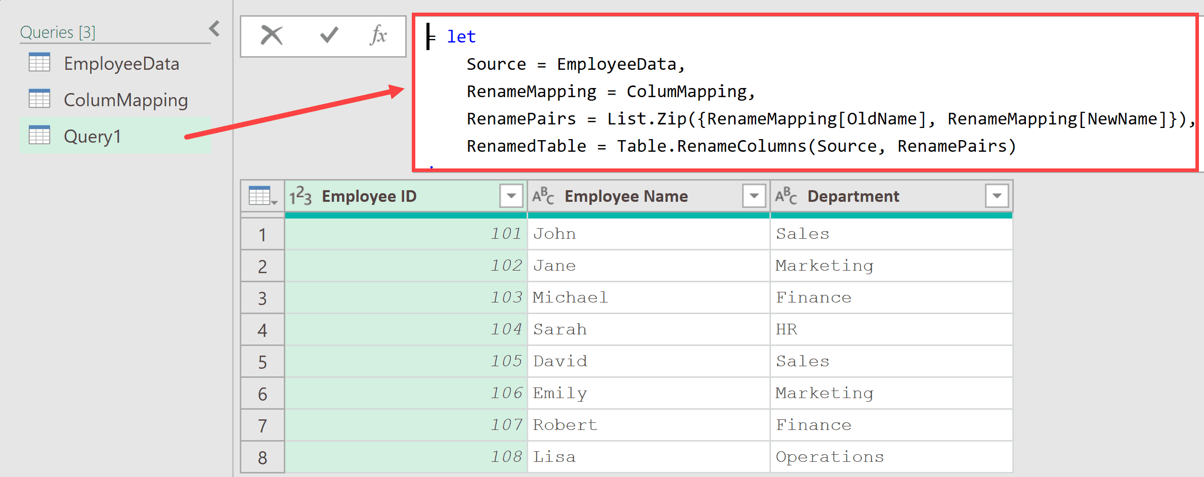 Formula to rename columns using a mapping table