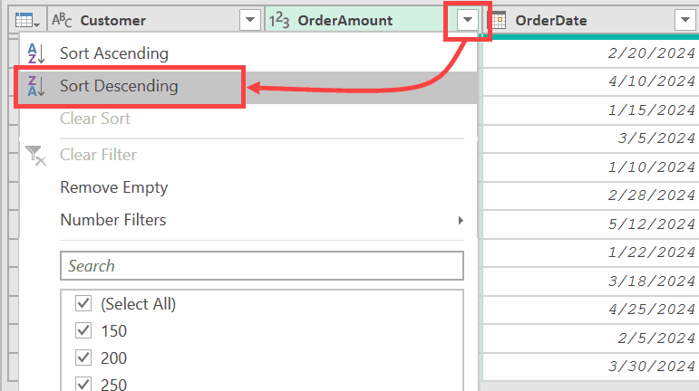 Click on Sort Descending