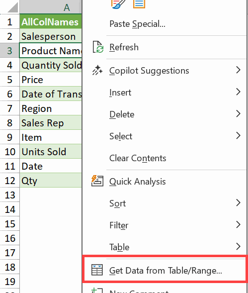 Click on get data from table range option