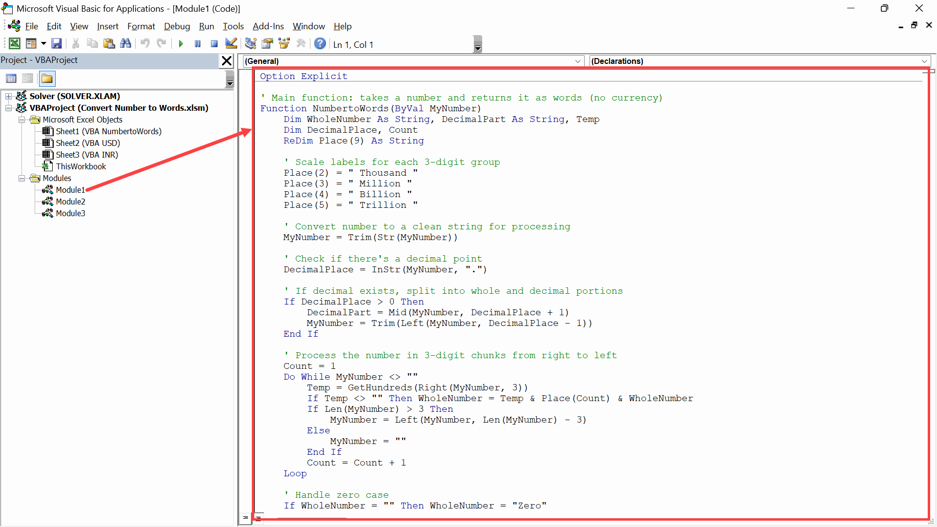 Code added to the VBA module
