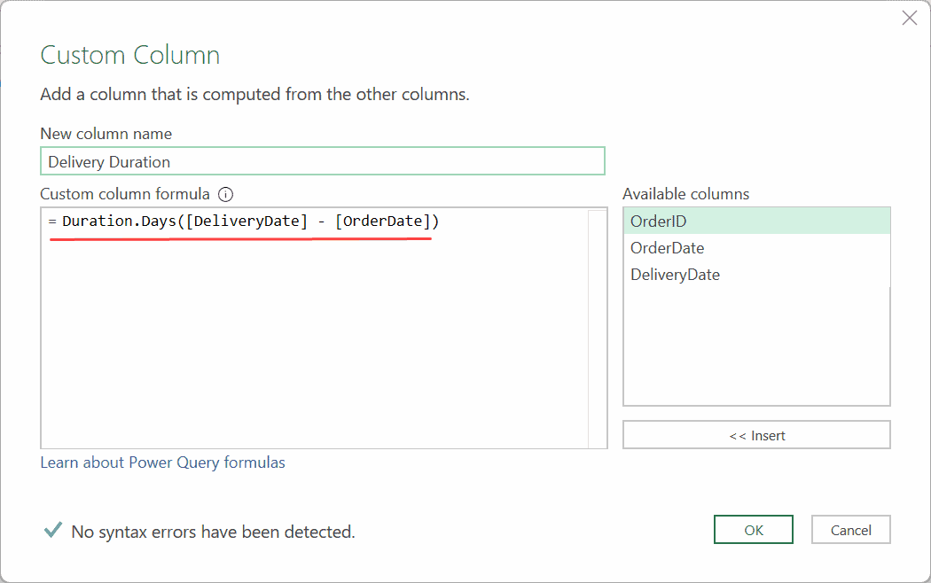 Custom column formula durattion days